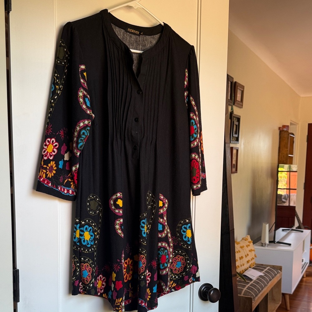 Black Tunic with Colorful Floral Patterns
